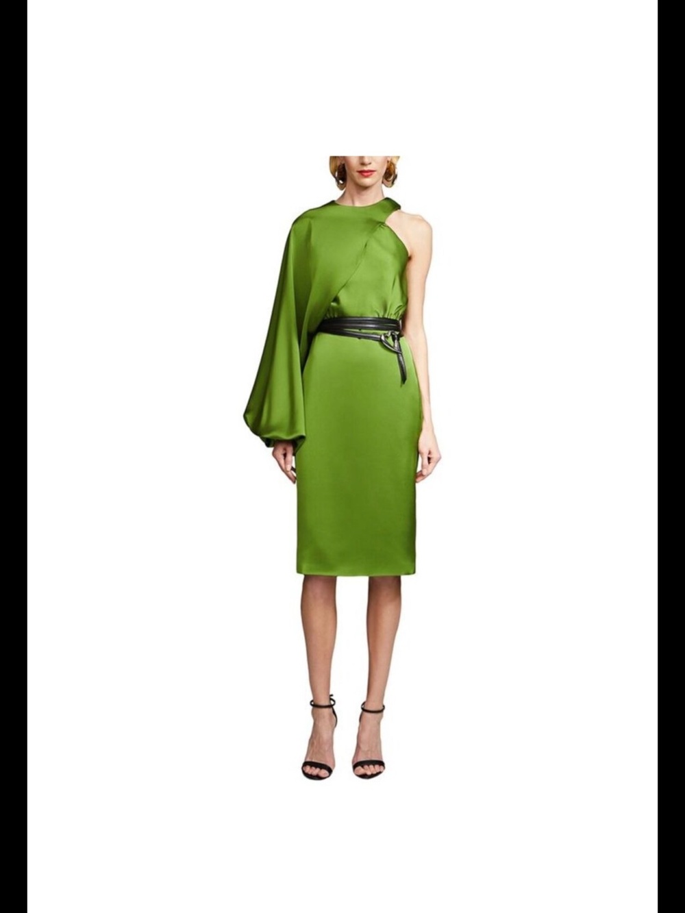 Halston Heritage One-Shoulder Green Satin Midi Dress